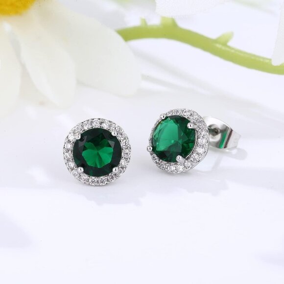 Women's Round Green Birthstone Elegant Mall Dainty Halo Cubic Zirconia Earring - Picture 5 of 6